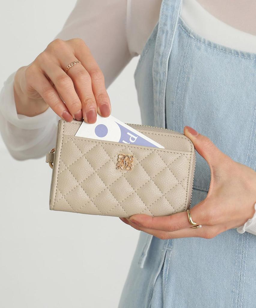 Greige Fragment Slim Quilted Card Case with Coin Commuter Pass IC Card Gold Stylish and Cute [Altrose] Case, Women's Wallet, Purse, Keychain, Holder,