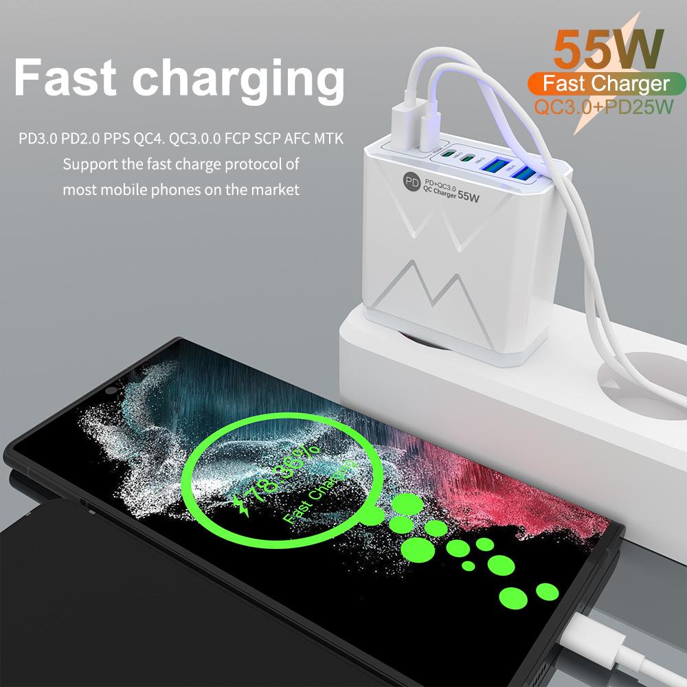 PD 25W 6-Port Fast Charger: 3 USB, 3 PD 55W with QC3.0 – EU, UK, AU Plugs