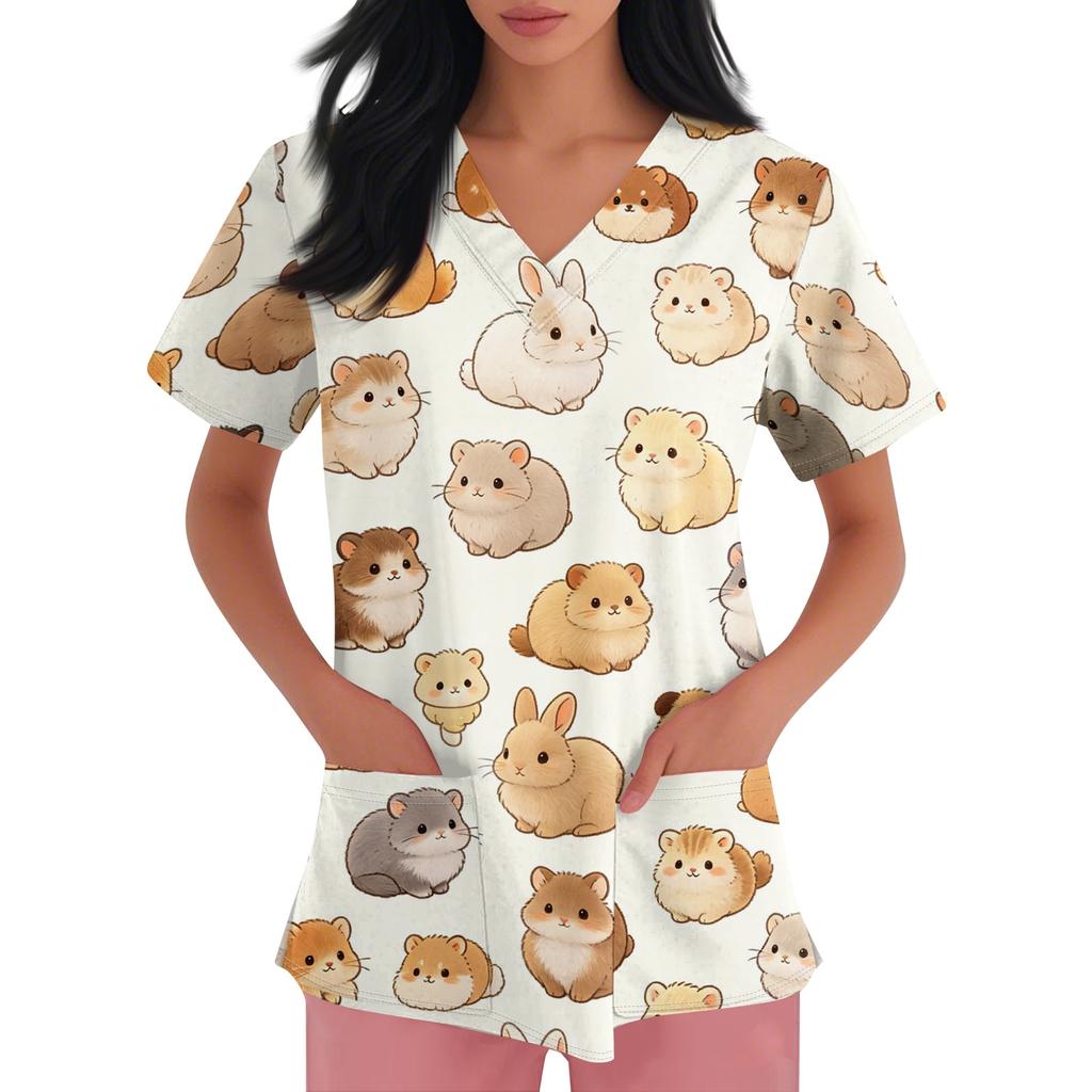 Women's V Neck Short Sleeve Work Top with Pockets Animal Print Medical Scrub Shirt for Healthcare Professionals Comfortable Fit