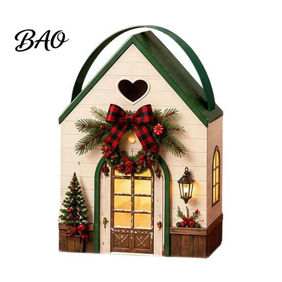 Holiday Treat Containers Christmas Wonderland Cottage Gift Box, House Shaped Paper Boxes, Exchange Packaging Snack Holder with Handle for Cookies