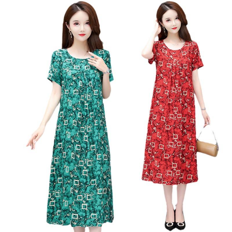 2023 Summer Floral Cotton & Rayon Dress - Stylish, Loose-Fitting, Short Sleeve for Middle-Aged & Elderly Women
