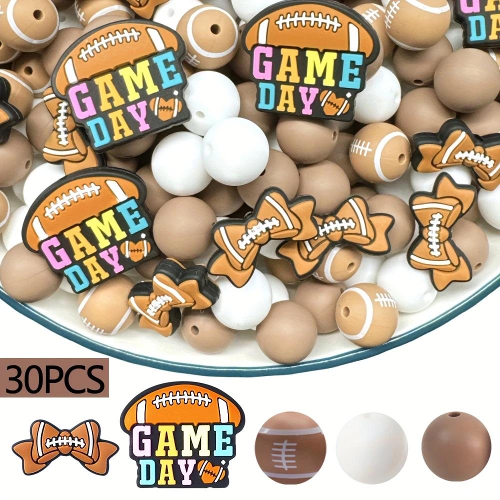 

30/35/60pcs Vibrant Sports Themed Silicone Beads Set - Football, Baseball, Basketball, Soccer, Volleyball Designs - Multi-Color