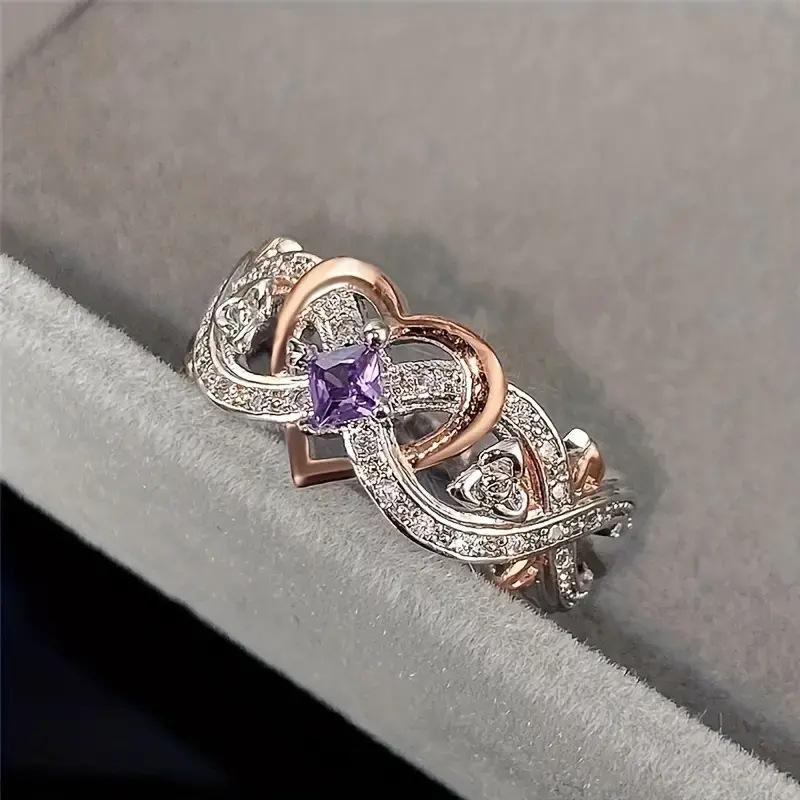 Jewelry Fashion Rose Princess Square Diamond Two-Color Heart Zircon Engagement Ring Manufacturer