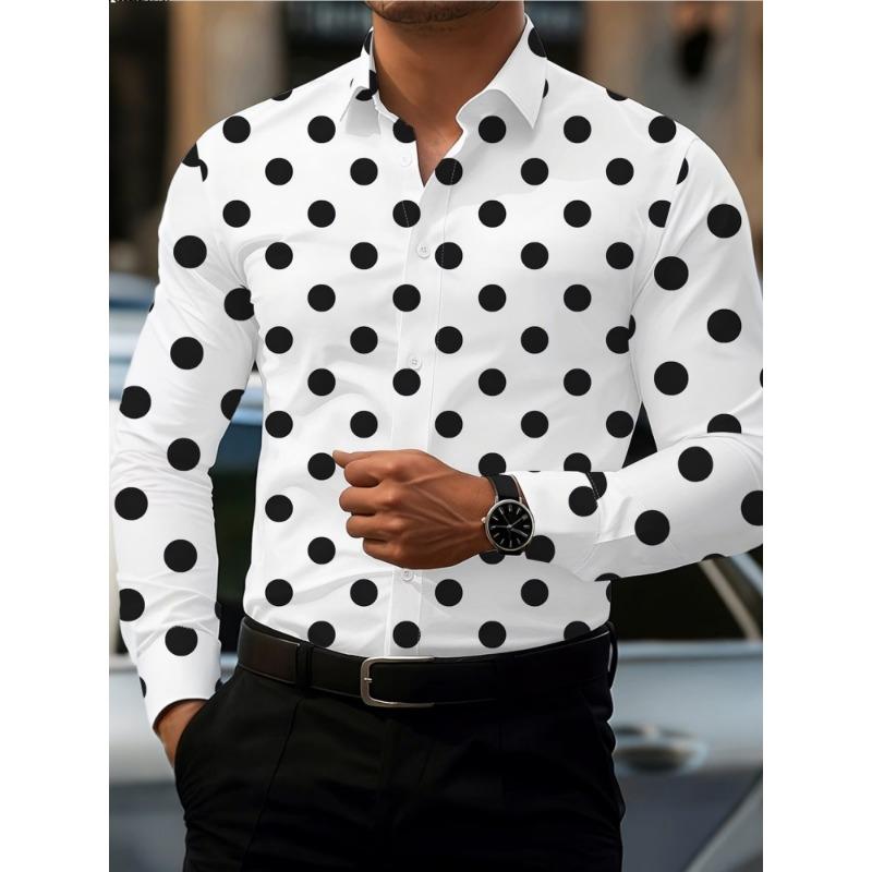 Camisa de Manga Larga con Lunares Grandes para Hombre, Camisa de Negocios con Cuello, Top Versátil Casual Europeo y Americano para Hombre