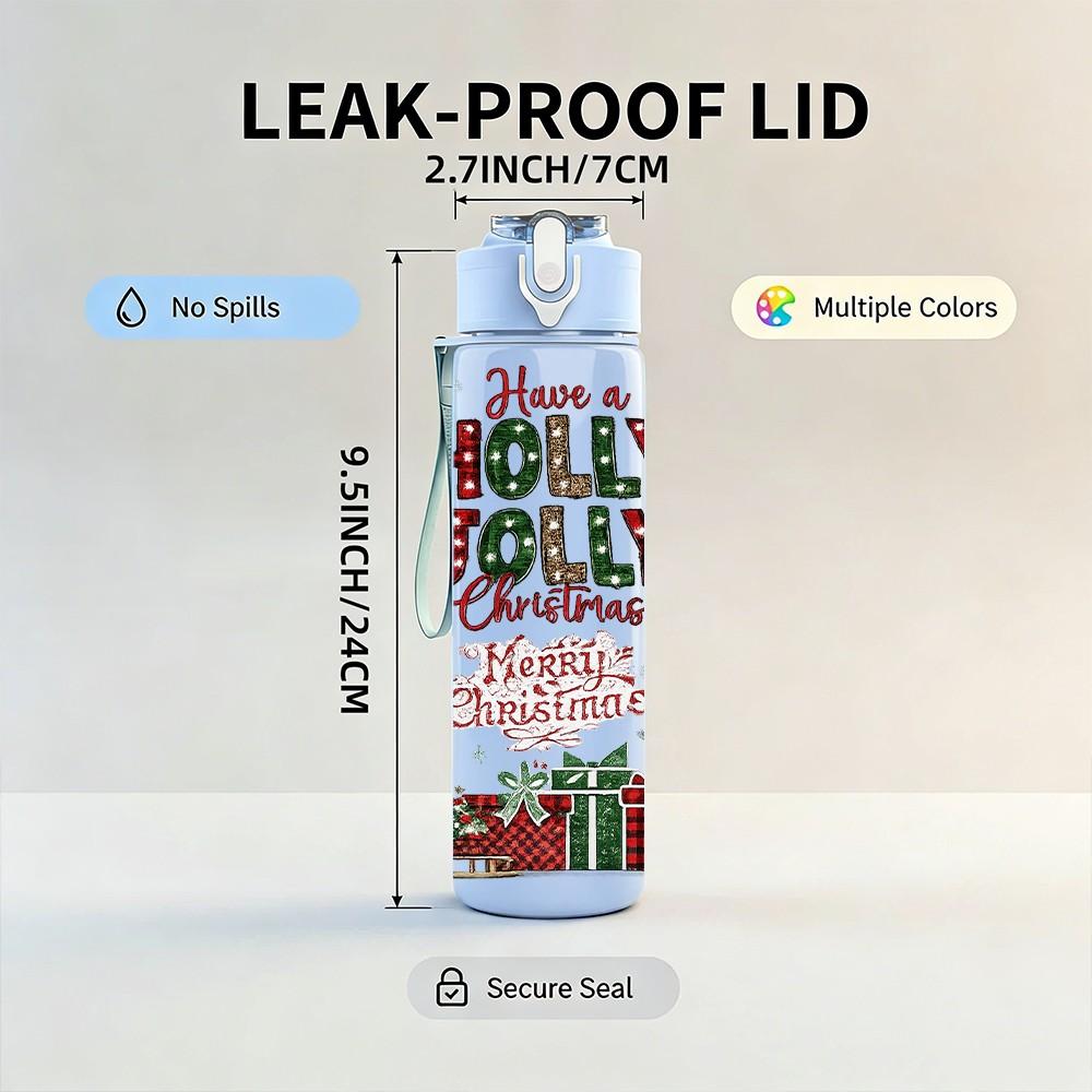 1PC Holly Jolly Christmas Scene Print 750ml Color Plastic Sports Water Bottle Leakproof Flip Straw Lid Suitable for Sports Office Home Use