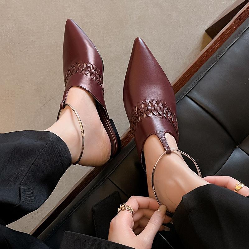 Fashion 2025 Sexy Genuine Leather Mueller Slippers Women Pointed Toe Braided Ankle Ring Slippers Ladies Low Heel Summer Casual Slides