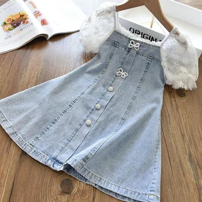 Vestiti Estivi per Bambine Pizzo Manica Corta a Bolle Vestito Principessa in Denim
