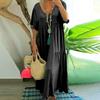Solid Color V Neck Casual Long Dress Women Simple Style Cotton Baggy 1Pc