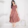 Elegant Pleated Ruffle Dress Women Slim Fit Solid Color Short Sleeve Midi Cake Skirt Office Chic 2025