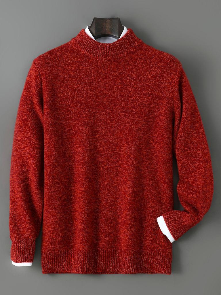 Men's Winter Thickened Pure Wool Half-High Collar Sweater - Three-Strand Marled Yarn Loose Knit