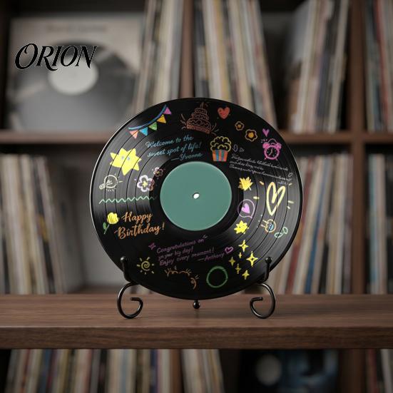 Hand Painted Vinyl Art Record DIY Graffiti Clock Ornament, Blank Acrylic Retro Tabletop Wall Decorations Decor with Stand, Reusable Personalized