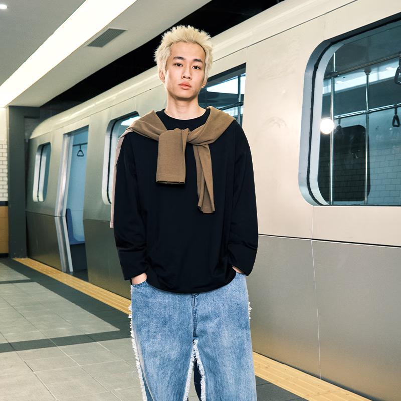 GENIOLAMODE Men's Loose Fit Round Neck Long Sleeve T-Shirt