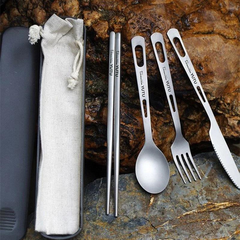 Titanium Tableware Set Outdoor Household Frosted Knife and Fork Spoon Chopsticks Travel Camping Portable Knife and Fork Set