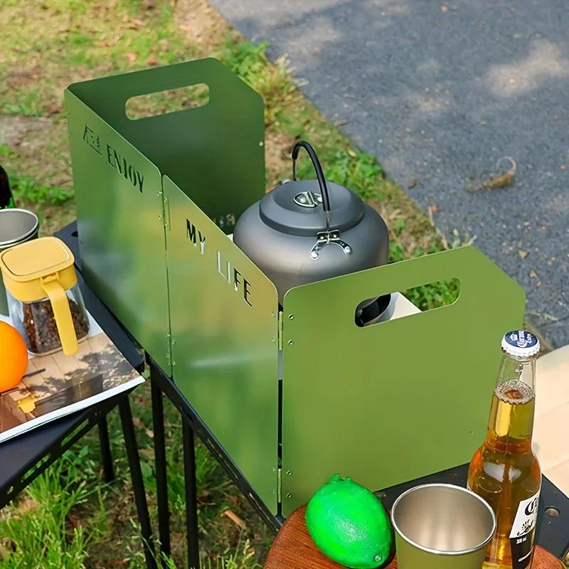 4-Sided Windproof Camping Windbreak Screen for Outdoor Cooking & BBQ - Foldable Portable Design with Spice Storage Shelf