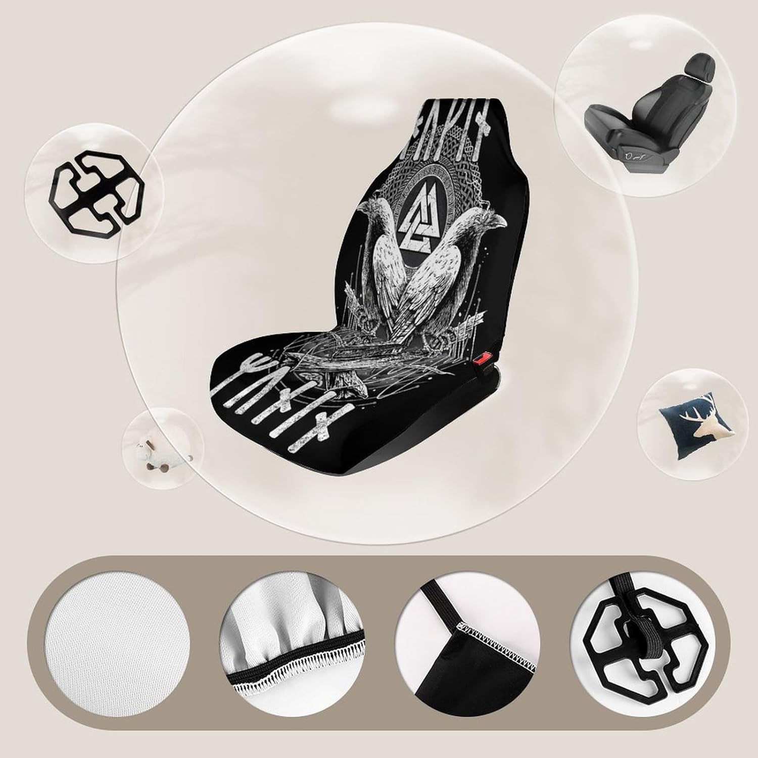 

Odin s Raven Car Seat Covers - Norse Mythology Design with Huginn and Muninn - Universal Fit for Cars, SUVs, and Trucks - Soft and Elastic Fabric, Style 3