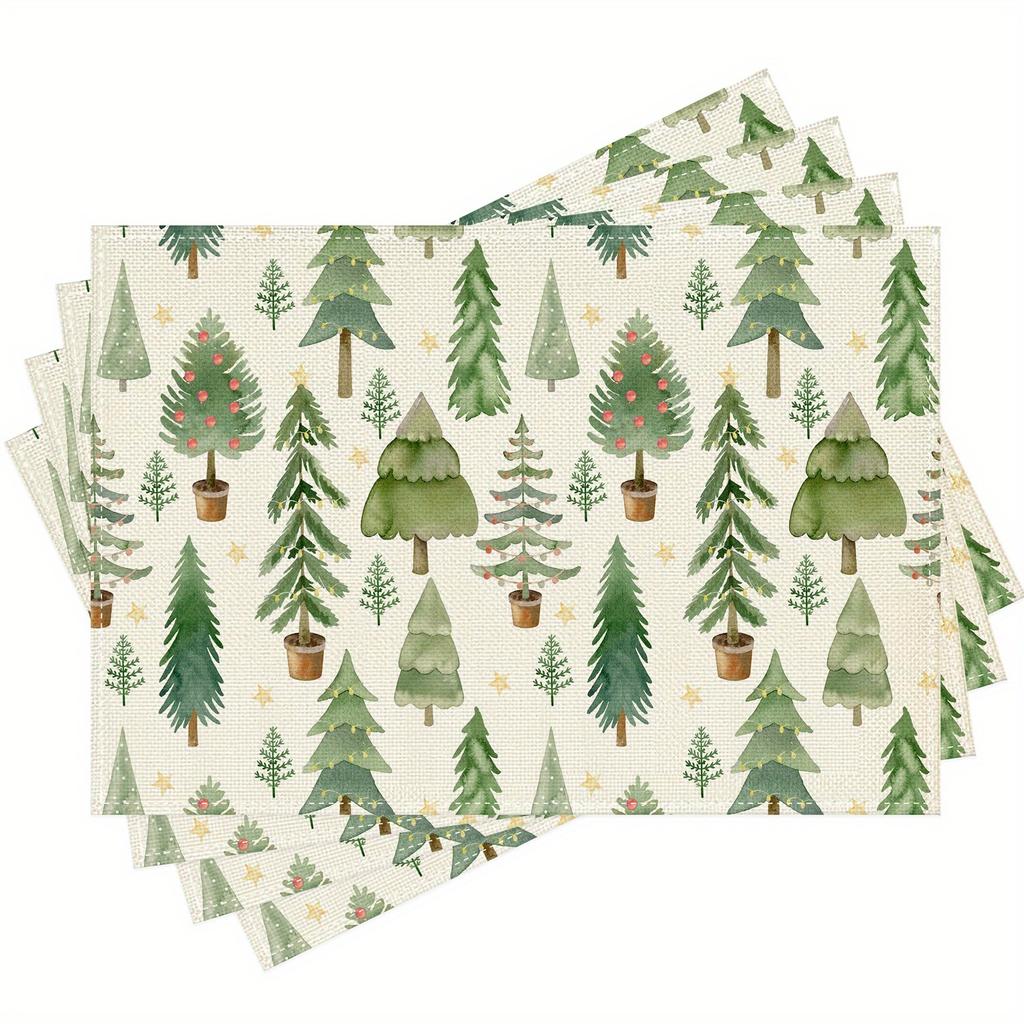 4/ 6pcs Polka-Dot Potted Pine Tree Star Christmas Placemats, 12x18 Inch Washable Table Mats for Kitchen Dining Home Party Decor