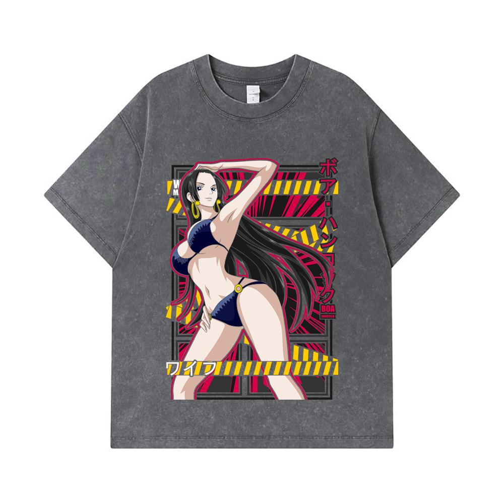 275 GSM Washed T-shirts 100% Cotton One Piece V39 Boa Waifu Print Unisex Heavy Cotton T Shirt