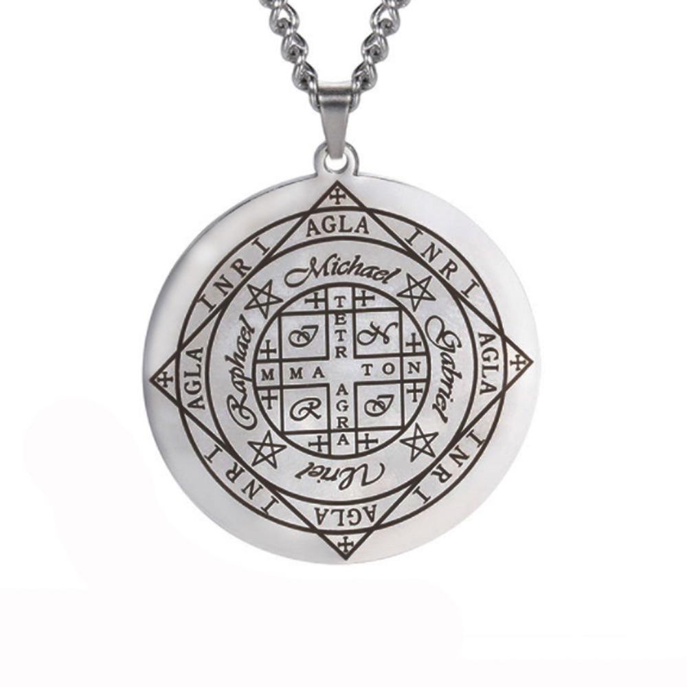 Magic Symbol Seal Wheel of Fortune and Archangel Protection Pendant Necklace