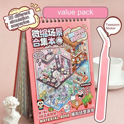 Miniature Scene Collection Book Vibrant Color Miniature Scene Book with Tweezers 3D Sticker Set Playful Decorative Stickers