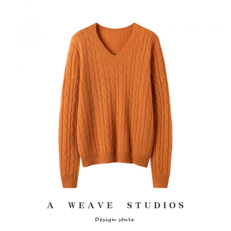 Women's 100% Pure Cashmere V-Neck Cable Knit Sweater - Bright Silk, Loose Fit, Long Sleeve