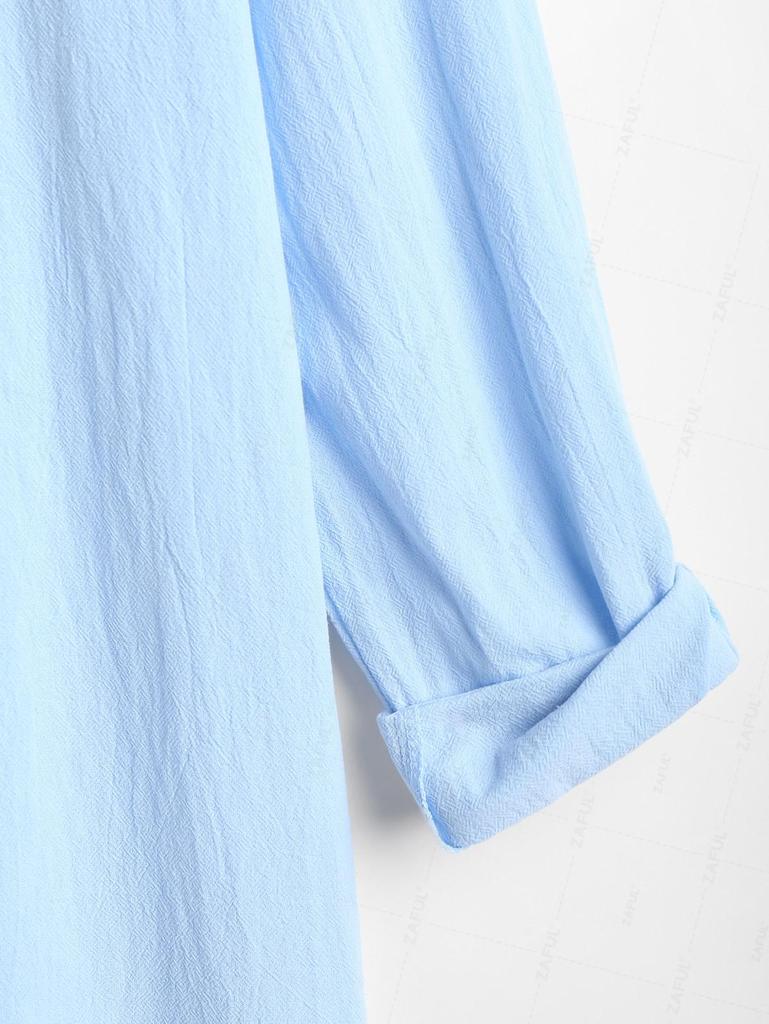 ZAFUL Men's Simple Style Plain Color Half Button Stand Collar Cotton and Linen Long Sleeves Pullover Shirt