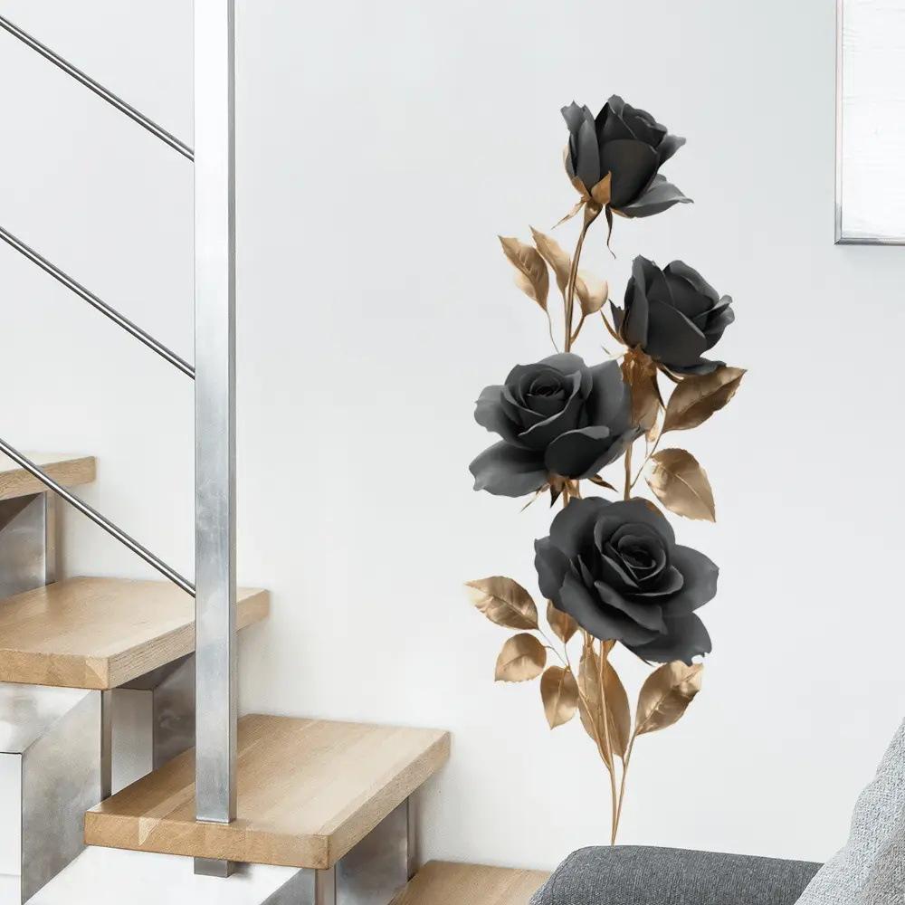 Black Rose And Gold Leaf Wall Sticker Light Luxury Living Room Entryway Self Adhesive Wallpaper