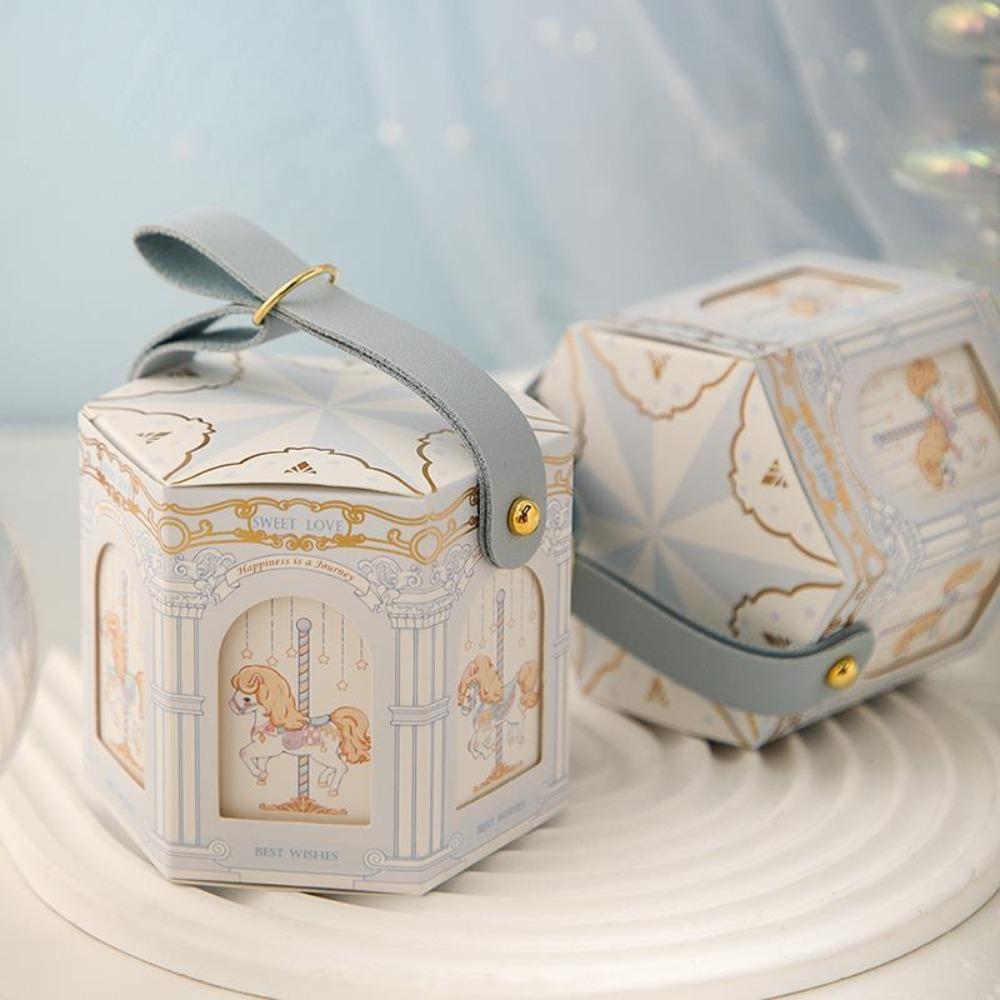Leather Handle Carousel Gift Box Wedding Wedding with Hand Gift Decoration Wedding Candy Box