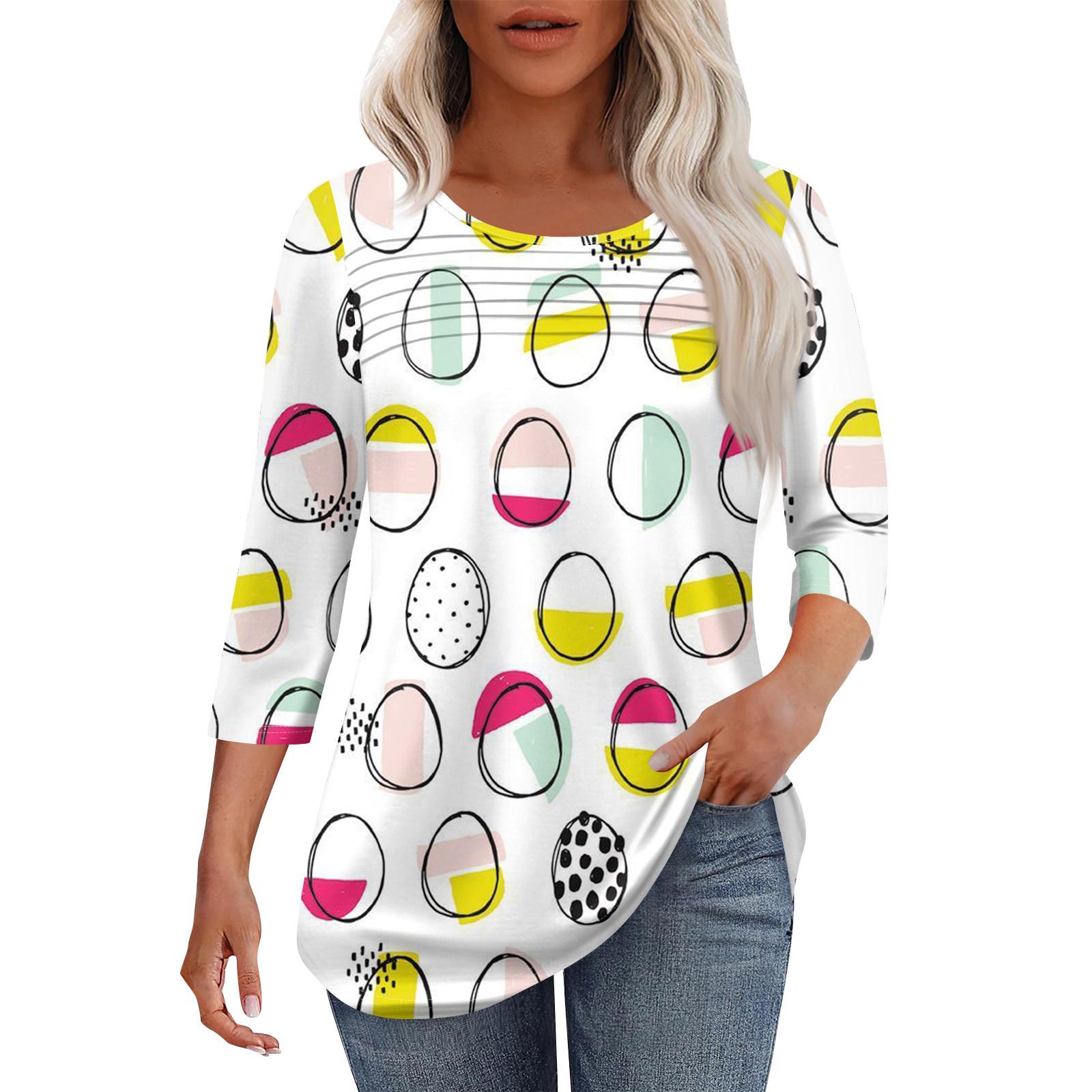 

Жіночий модний топ з круглим вирізом, плісованими передніми планками та принтом, рукавами 3/4 L білий