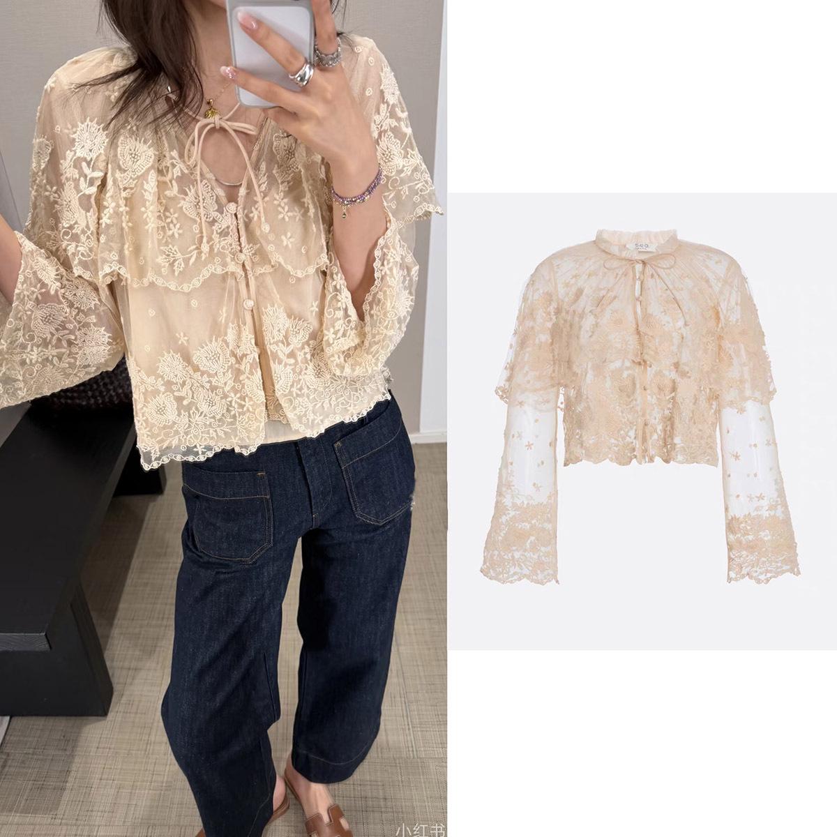 

Custom 26 Early Spring Floral Embroidered Mesh Lace Top - Double-Layered, Versatile Cloak Shirt Large бежевый