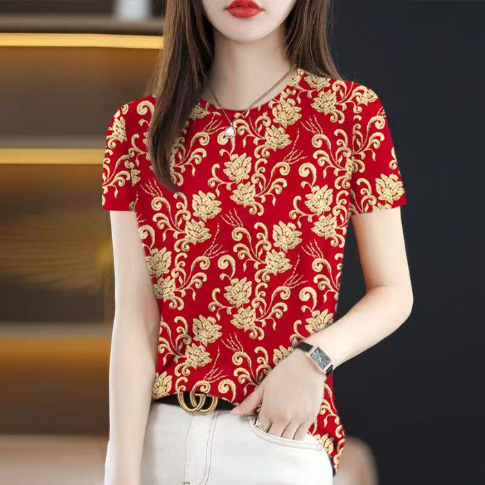 

Женская шикарная ретро футболка с коротким рукавом свободного кроя лето 2025 с круглым вырезом 4XL красный