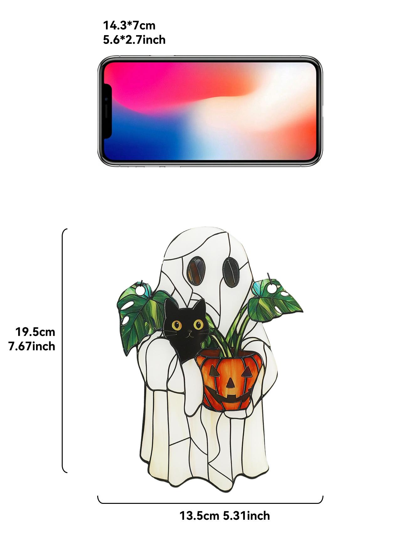 

White Halloween Ghost Window Hanging Acrylic Black Cat & Pumpkin Shaped Plant Pot Room Pendant for Home & Garden Wall Decor Gift