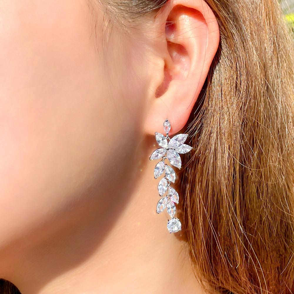 Ircons Glittering Flower Leaf Shaped Long Dangle Wedding Bridal CZ Earrings Silver Plated Elegant Pageant Jewelry CZ210