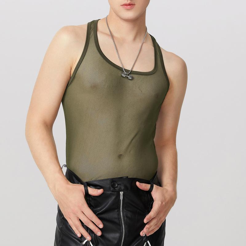 

INCERUN Men Round Neck Sleeveless Mesh Sheer Racerback Fitted Tank Tops XL армія зелений колір