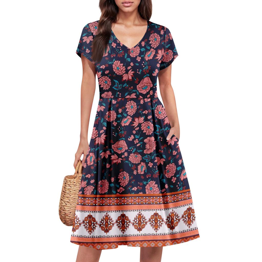 Damek sommerkjole Kortermet V-hals Korte kjoler Mote Casual Flytende A-linje Sving Solkjole med lomme