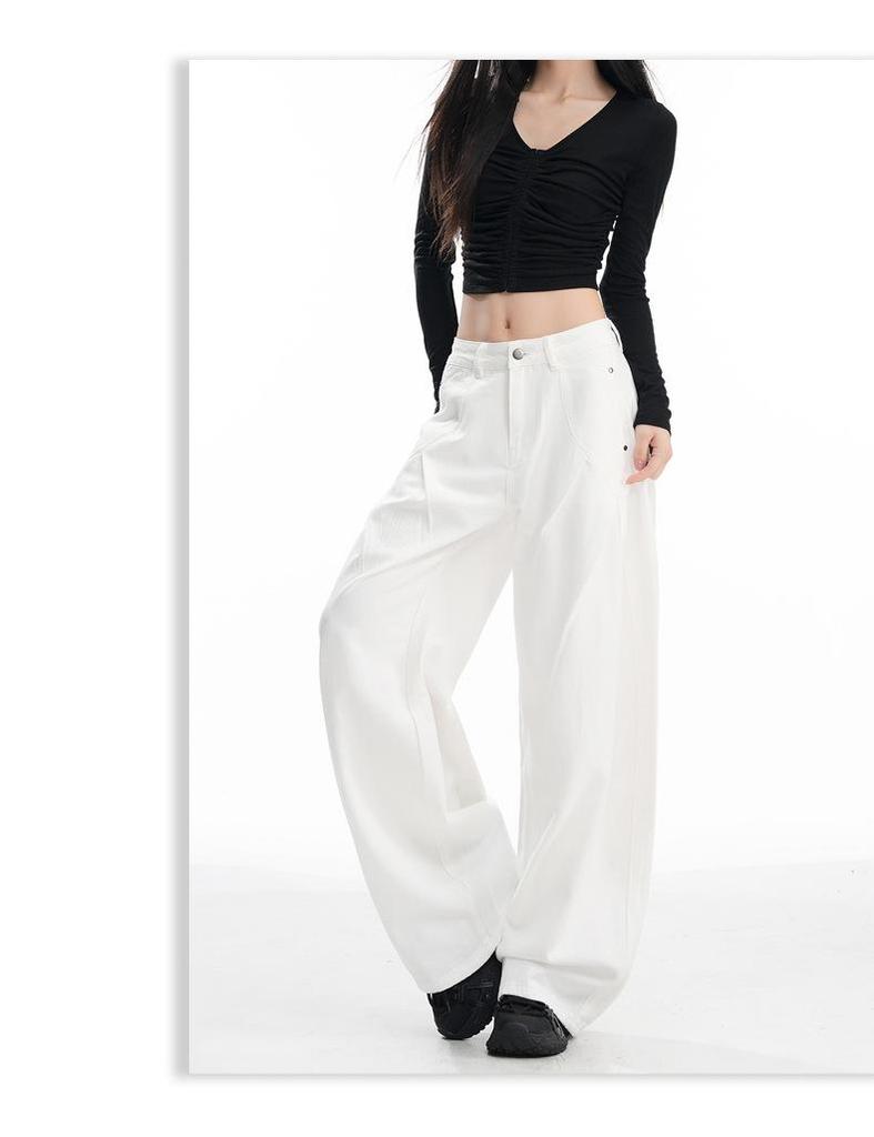 Women's American-Style Wide-Leg White Jeans: Autumn/Winter Pleated Casual Straight Floor-Length Pants