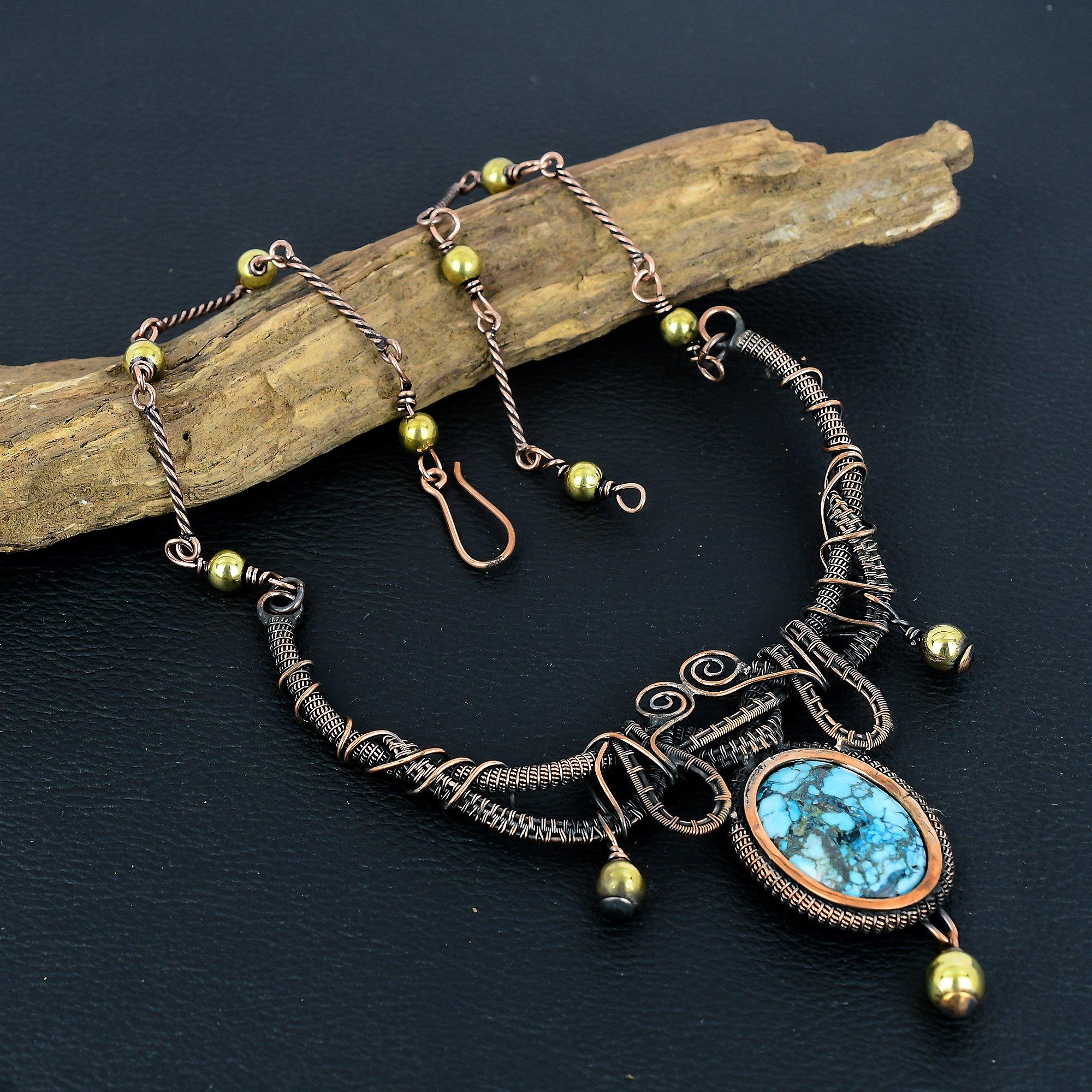 

Ожерелье из тибетской бирюзы, ювелирное изделие из драгоценных камней, ожерелье, обмотанное медной проволокой 999 пробы, украшение ручной работы, ожерелье с камнем-талисманом