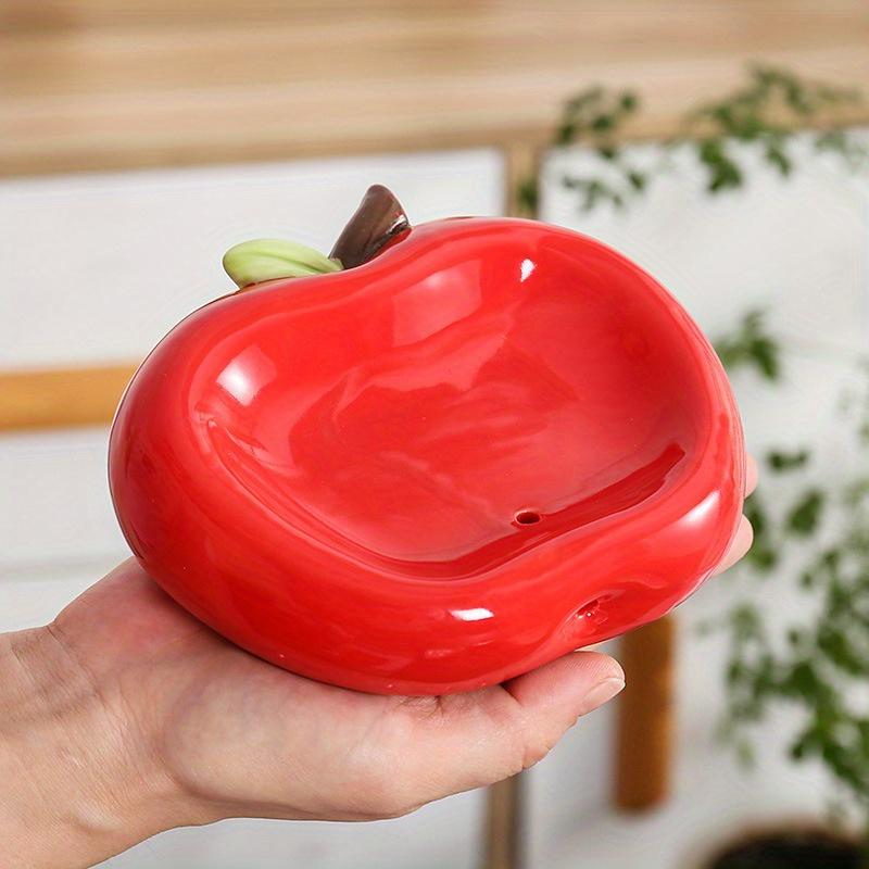Elegant Apple Shaped Ceramic Soap Dish Red with White Orchid Design,Suitable for Bathroom Kitchen Sink,Water Drainage,Suitable for Shower Hand Washing