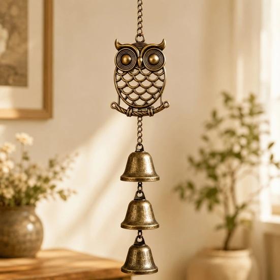 Pastoral Style Wind Bells Vintage Metal Owl Chime with 3 Bells, Hollow Hanging Ornament, Retro Bronze Ornaments Pendant for Garden Patio Balcony