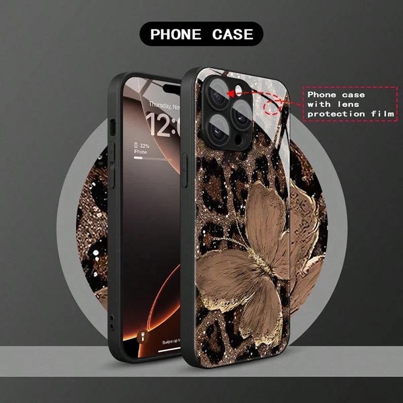 Θήκη Κινητού Μαύρη από Υλικό Σκληρυμένο Γυαλί με Μοτίβο Πεταλούδας Λεοπάρ για Samsung Galaxy S25 S24 S23 Ultra Plus FE