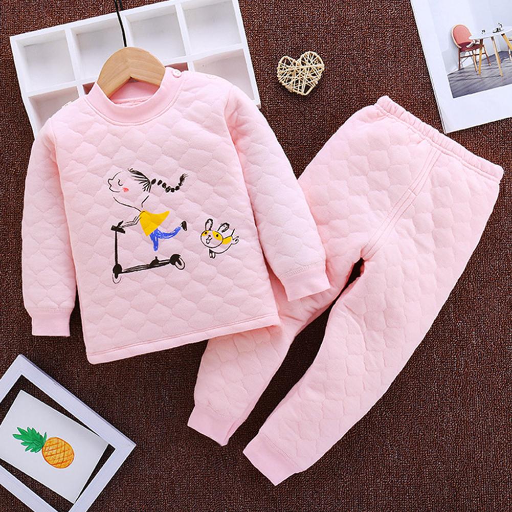 Children Three-layer Cotton Thickening Warm Two-piece Long-sleeved Round Neck Cartoon Print Bottoming Shirt + Trousers