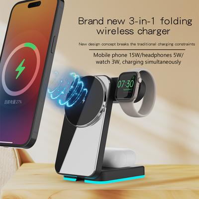 Cargador Inalámbrico Plegable Portátil 3 en 1 Multifunción Base de Carga Rápida 15W