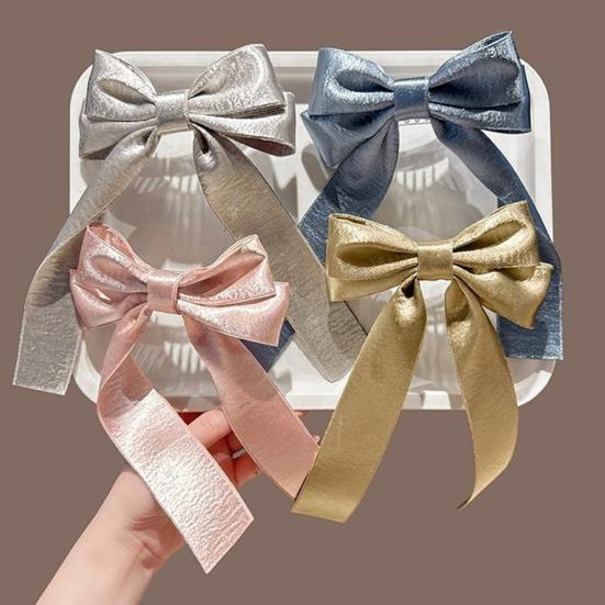 Hairpin French Style Satin Long Ribbon Bow Decor Anti-slip Teeth Back Head Hair Clip Strong Clamping Force Versatile Hair Clip