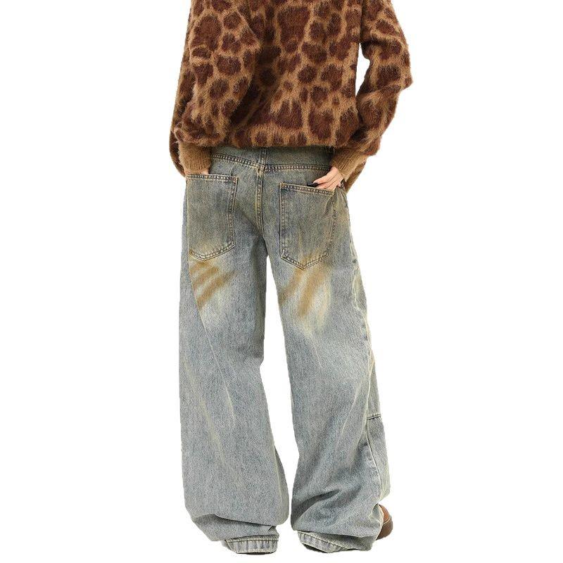 Unisex Retro Washed Distressed Straight Leg Jeans - Loose Fit, Versatile, Wide Leg Casual Pants