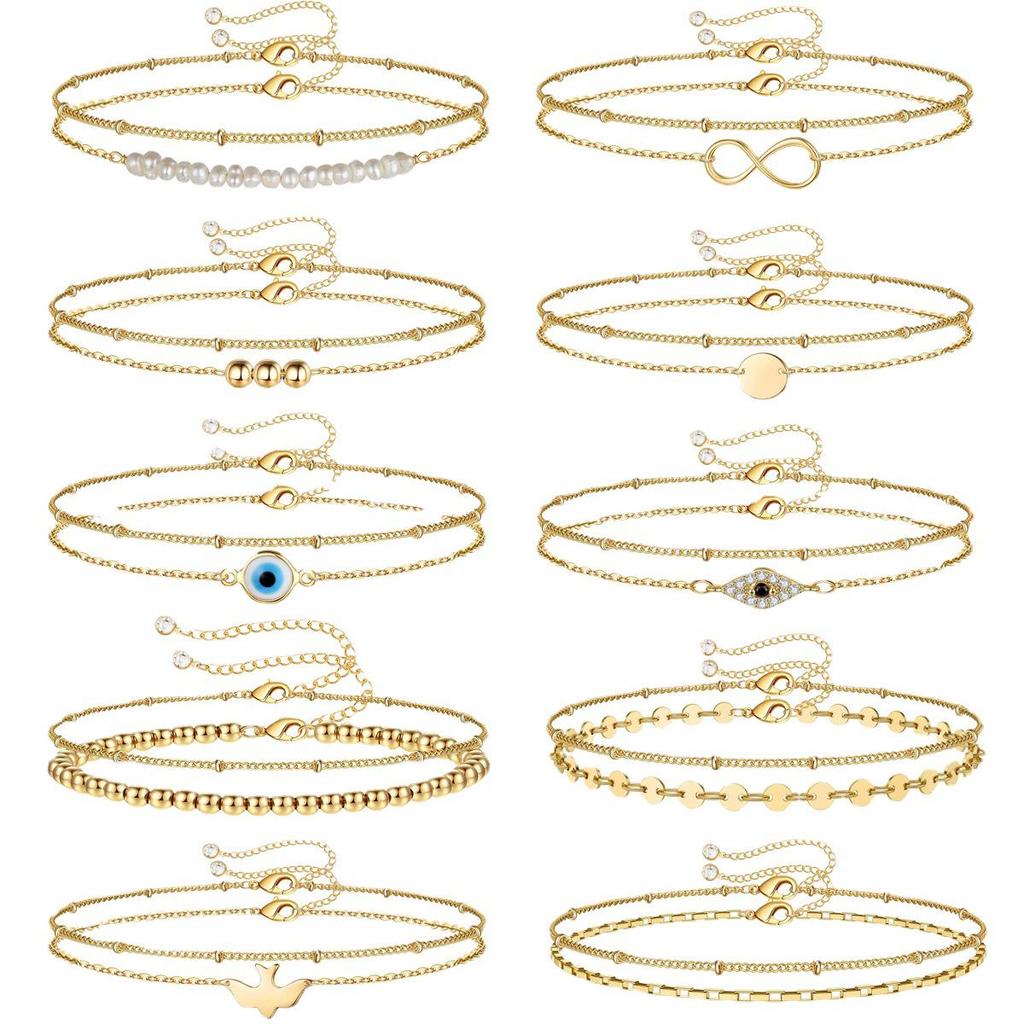 Stainless Steel Double Layer Bead Chain Bracelet Set: Fade-Resistant 18K Gold Round Disc for Women.