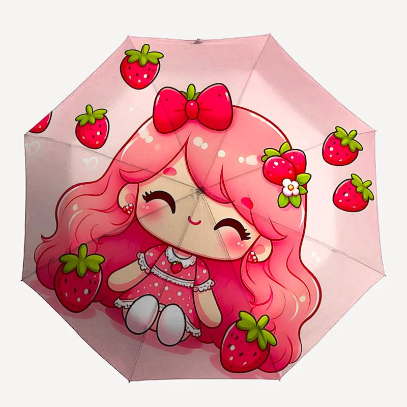 Strawberry-Themed Automatic Folding Umbrella with 3-Fold Design and Iron Frame - Perfect for Fans, Travelers, and Daily Use!0104307a