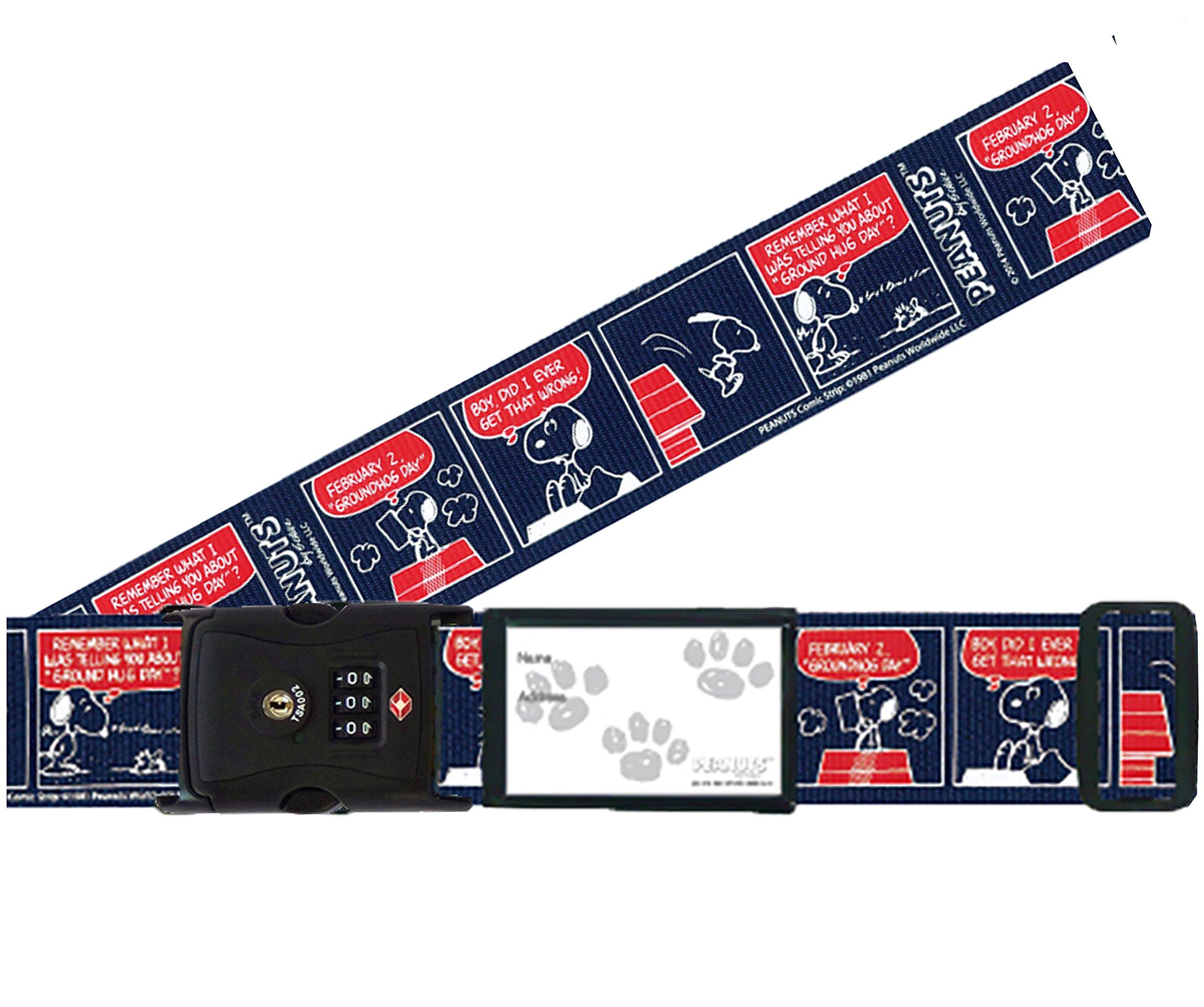 

cute suitcase belt featuring Snoopy and a TSA in comic Japanese-made, one-touch lock, navy.