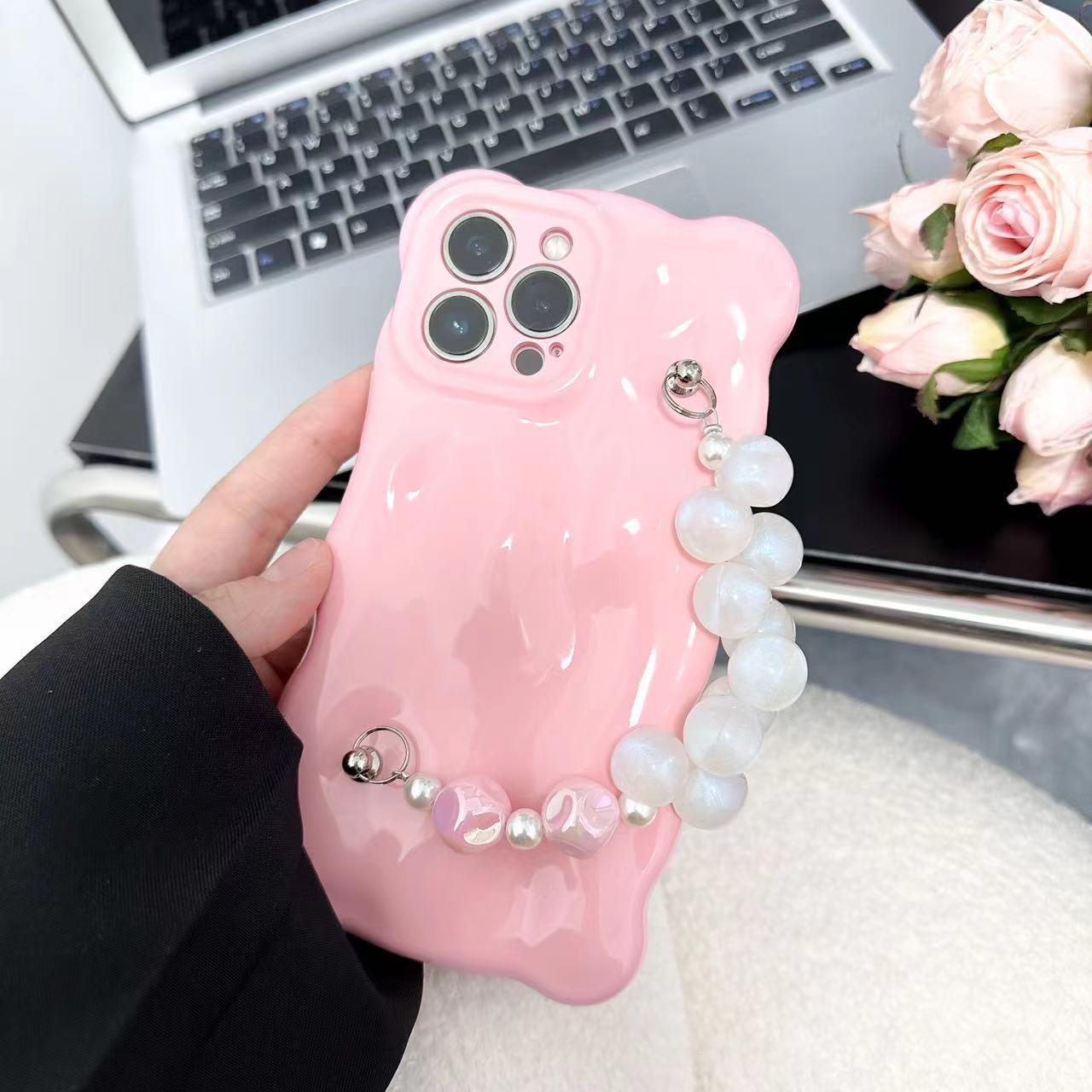 

Korean Chic Pink Bracelet Strap for iPhone 16/17/14/15 Case - High-End Feel for Women 16 Pro