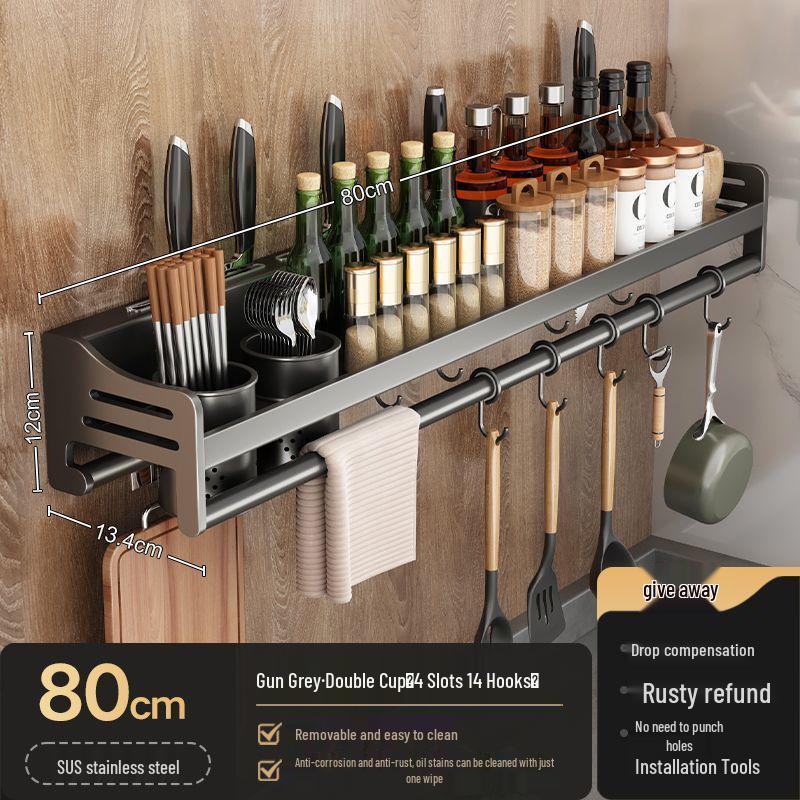 Stainless Steel Wall-Mounted Kitchen Rack with Chopstick, Knife, and Spice Storage