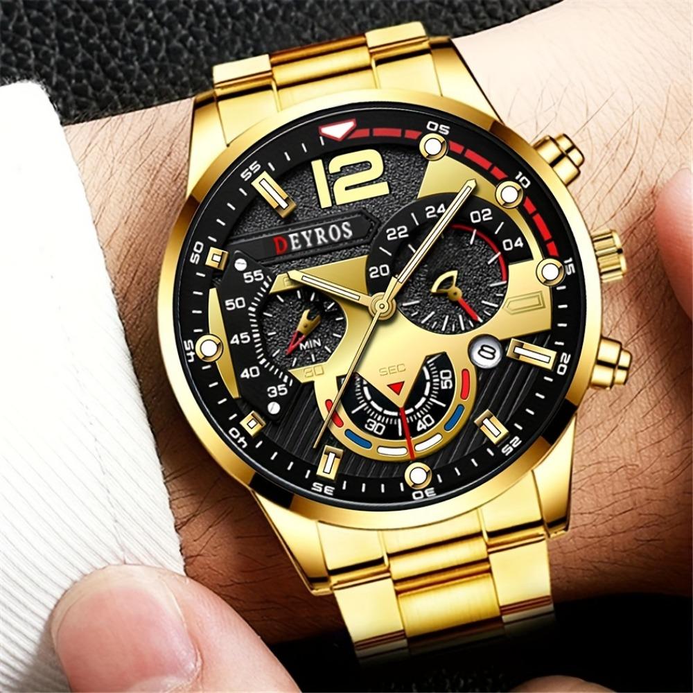 3pcs/set, Fashion Men's Business Watch, Casual Stainless Steel Quartz Wristwatch, Golden Necklace, Bracelet and Wristwatches Set