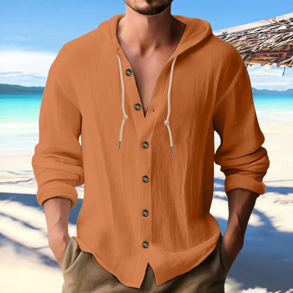 Mens Fashion Casual Solid Color Simple Casual Button Hooded Shirt Top Casual Commuting Short Sleeved Shirt